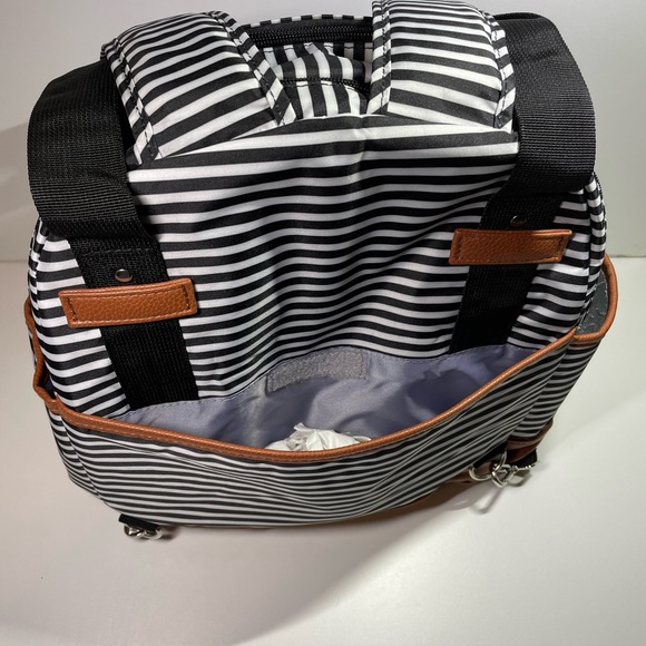 iPack Backpack Diaper Bag Black and White Striped with Leather Accents Med. Size - Picture 4 of 15